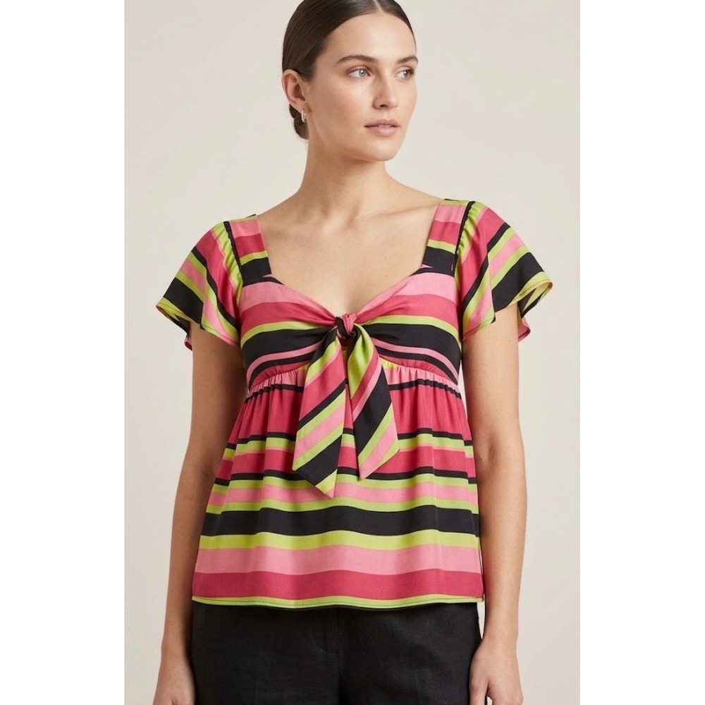 Nanette Lepore Silk Striped Tie Front Flutter Sleeve Smocked Blouse Pink Green 4